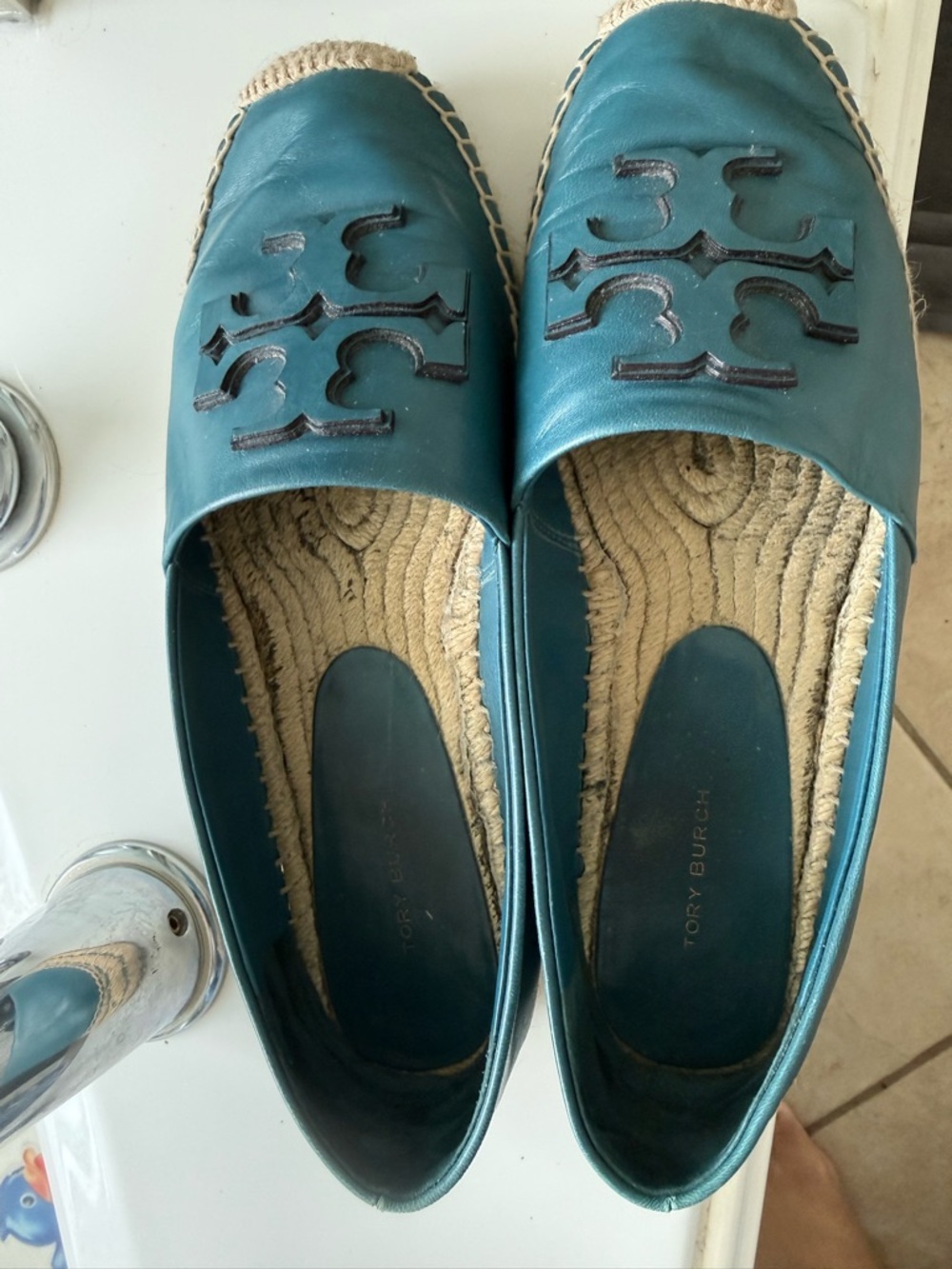 Tory Burch Teal Leather Logo Espadrille Flats